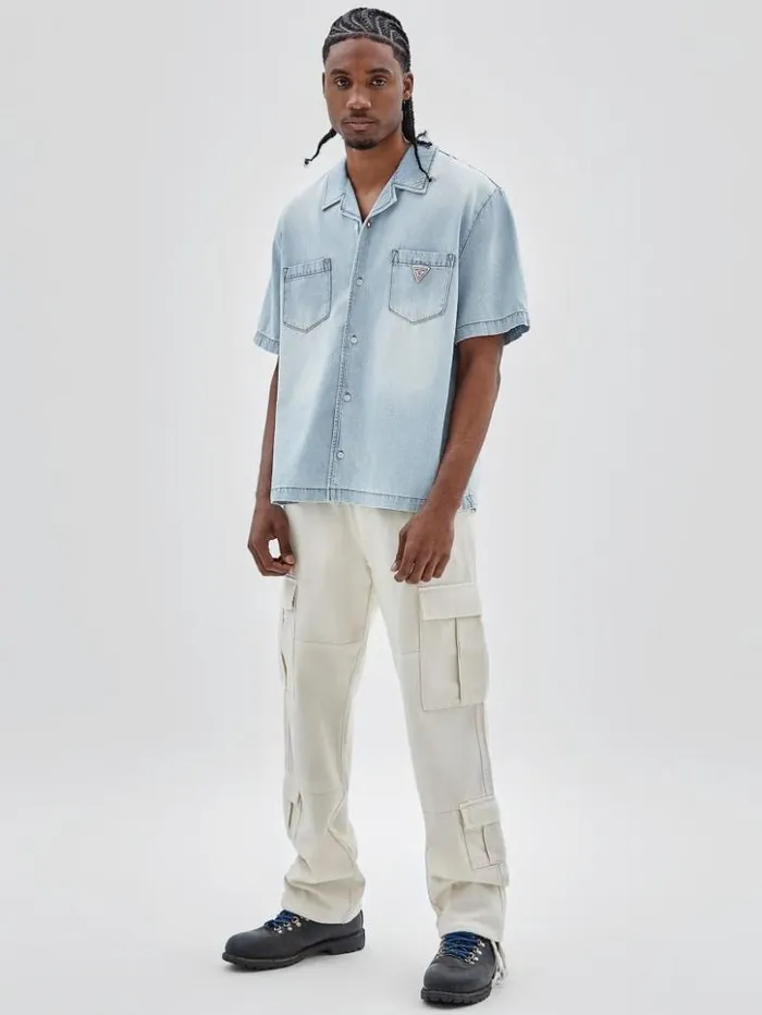 Men GUESS Shirts GUESS Originals Denim Camp Shirt Go Lt Wash Denim Shirt