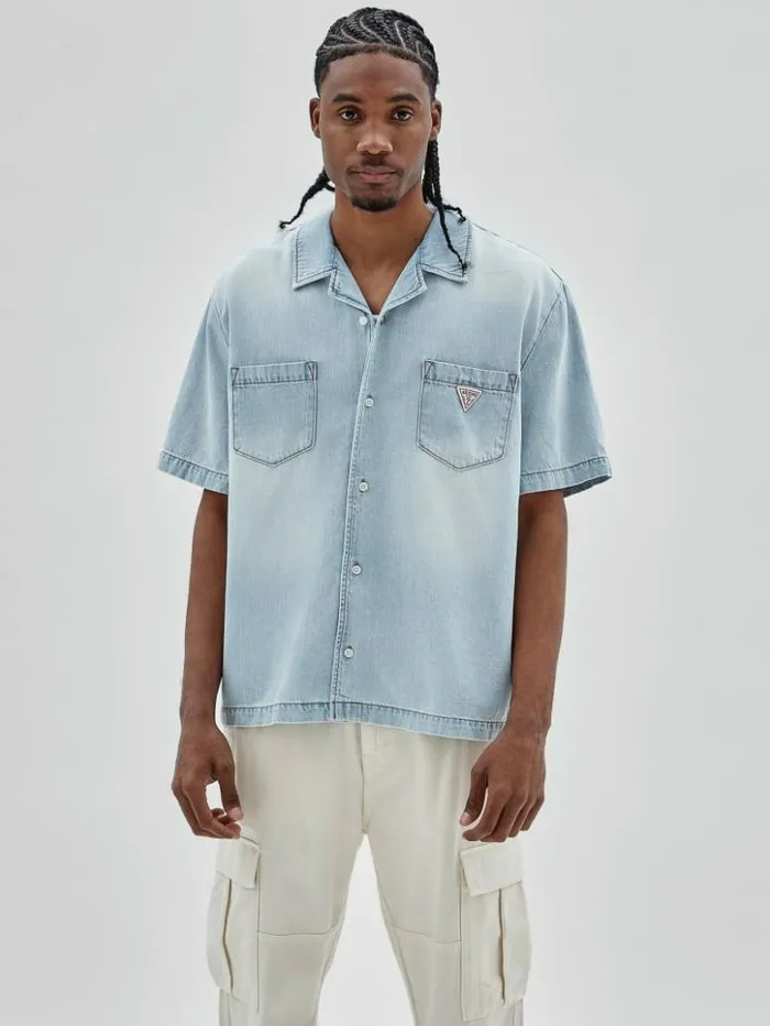 Men GUESS Shirts GUESS Originals Denim Camp Shirt Go Lt Wash Denim Shirt