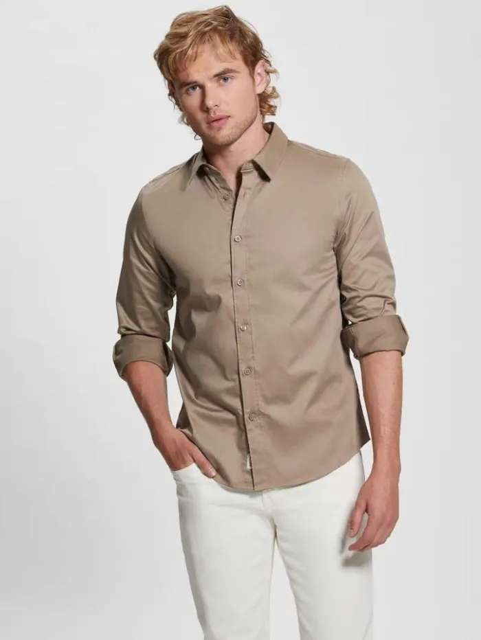 Men GUESS Shirts Luxe Stretch Shirt Champagne