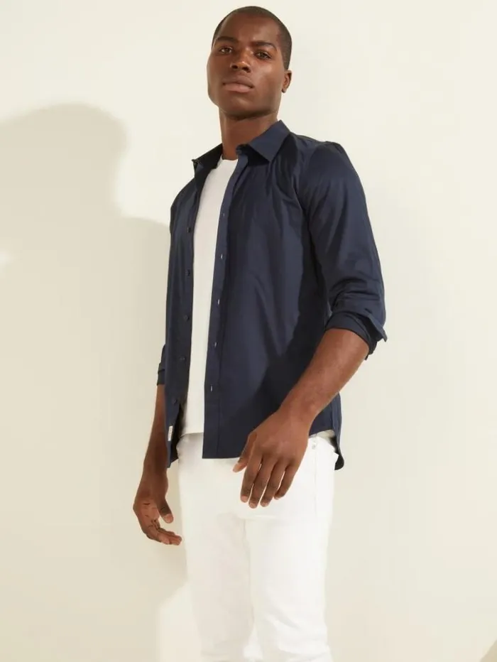 Men GUESS Shirts Luxe Stretch Shirt New Navy