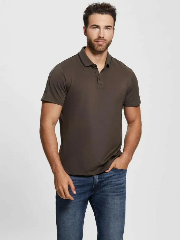 Men GUESS Shirts Paul Pique Tape Polo Shirt Chocolate Brownie