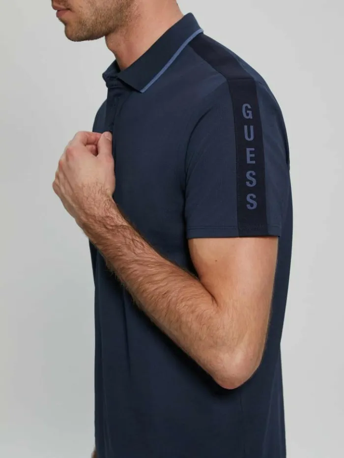 Men GUESS Shirts Paul Pique Tape Polo Shirt Silk Blue