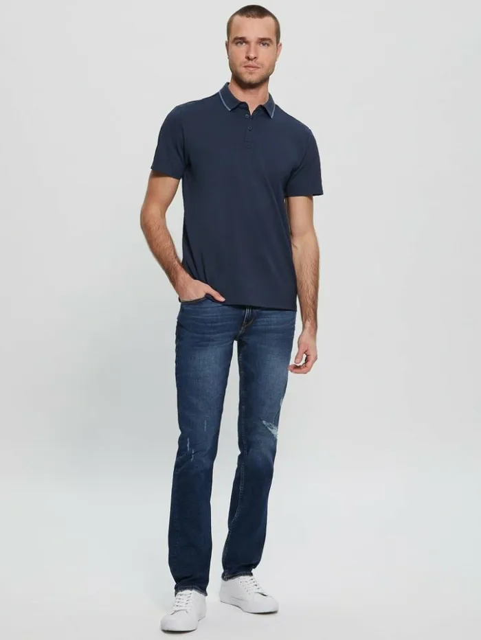 Men GUESS Shirts Paul Pique Tape Polo Shirt Silk Blue