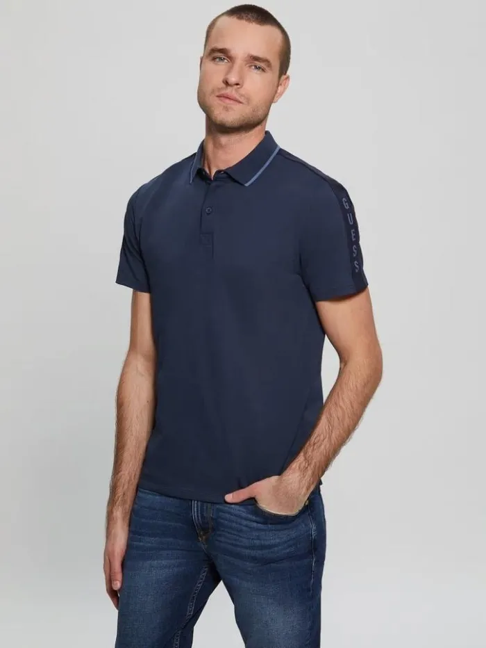 Men GUESS Shirts Paul Pique Tape Polo Shirt Silk Blue