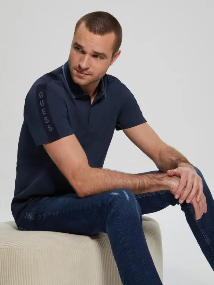 Men GUESS Shirts Paul Pique Tape Polo Shirt Silk Blue