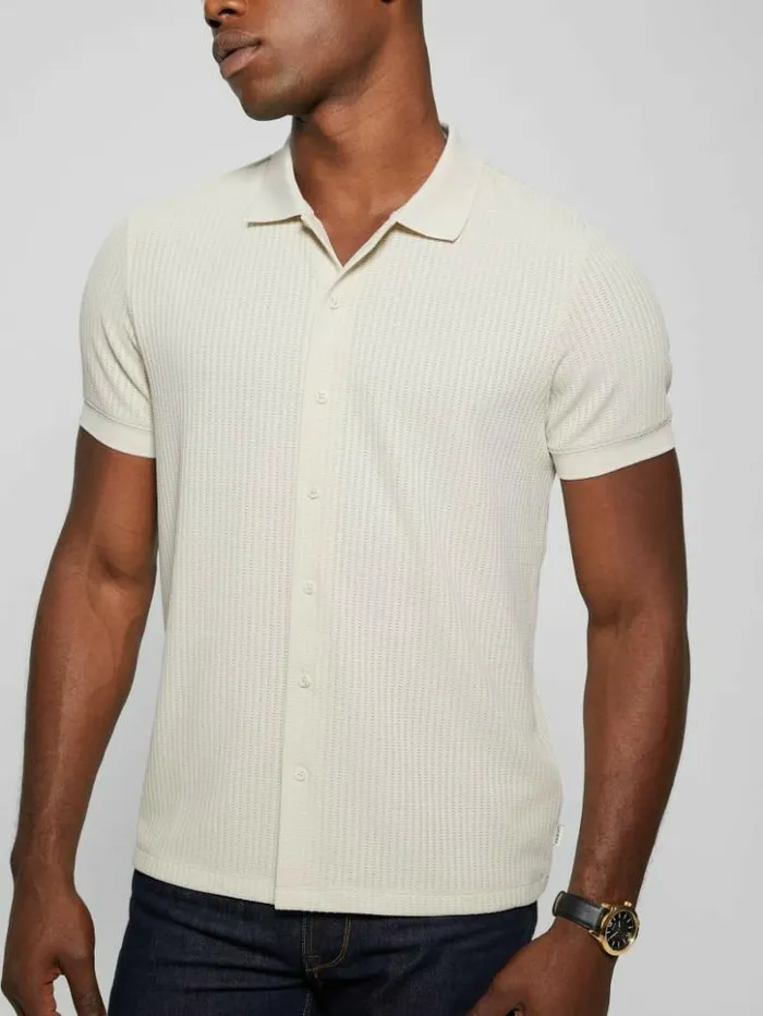 Men GUESS Shirts Pointelle Knit Shirt Birch Bark