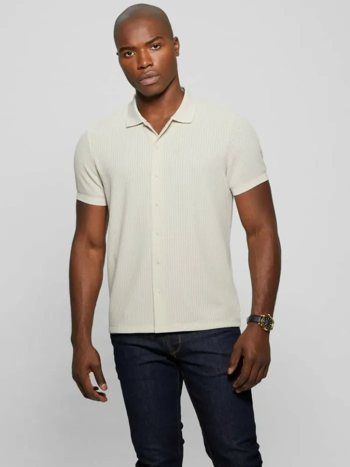 Men GUESS Shirts Pointelle Knit Shirt Birch Bark