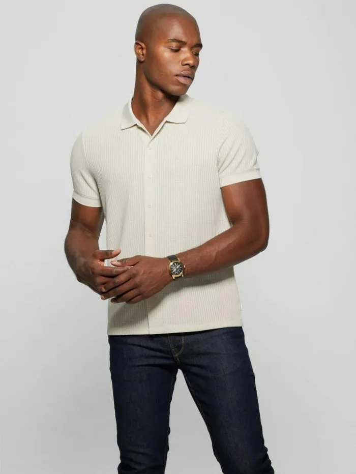 Men GUESS Shirts Pointelle Knit Shirt Birch Bark