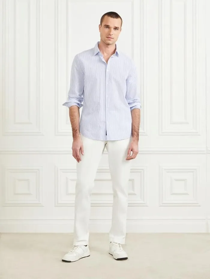 Men GUESS Shirts Seersucker Italian Notched Cuff Shirt Blue And White Stripes Men GUESS Shirts Seersucker Italian Notched Cuff Shirt Blue And White Stripes