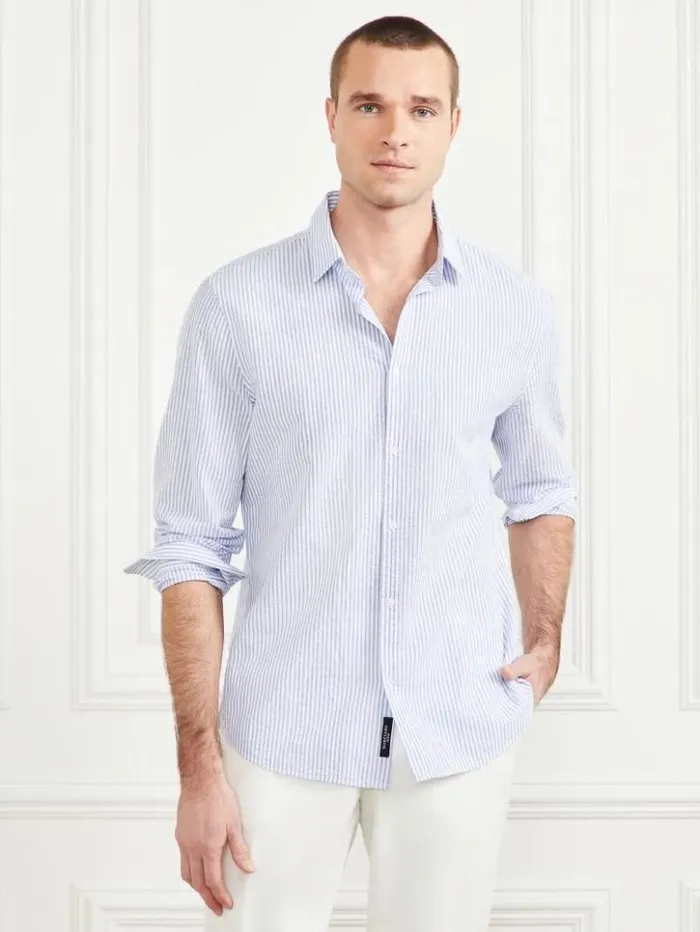 Men GUESS Shirts Seersucker Italian Notched Cuff Shirt Blue And White Stripes Men GUESS Shirts Seersucker Italian Notched Cuff Shirt Blue And White Stripes