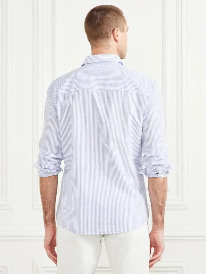 Men GUESS Shirts Seersucker Italian Notched Cuff Shirt Blue And White Stripes Men GUESS Shirts Seersucker Italian Notched Cuff Shirt Blue And White Stripes