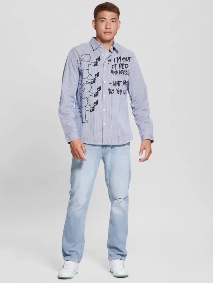Men GUESS Shirts Striped Teddy Graffiti Woven Shirt Bright Zaffre Multi