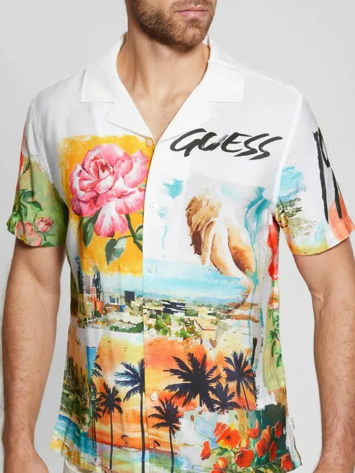 Men GUESS Shirts Watercolor Sandwashed Woven Camp Shirt Still Life