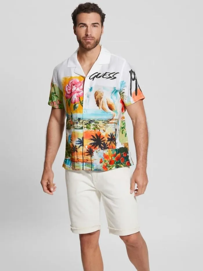 Men GUESS Shirts Watercolor Sandwashed Woven Camp Shirt Still Life