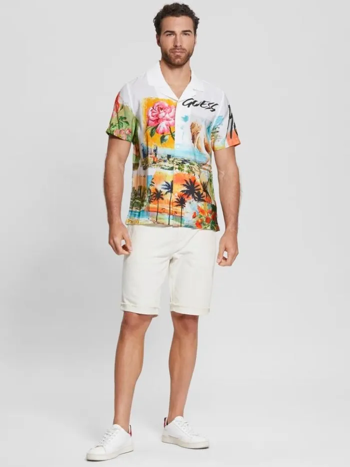 Men GUESS Shirts Watercolor Sandwashed Woven Camp Shirt Still Life
