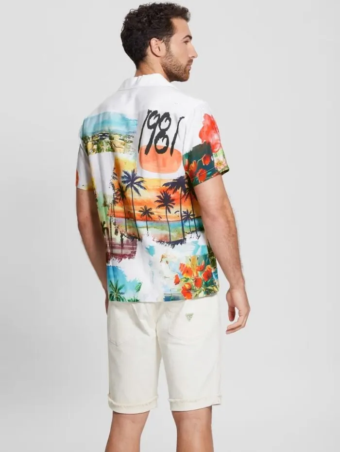 Men GUESS Shirts Watercolor Sandwashed Woven Camp Shirt Still Life