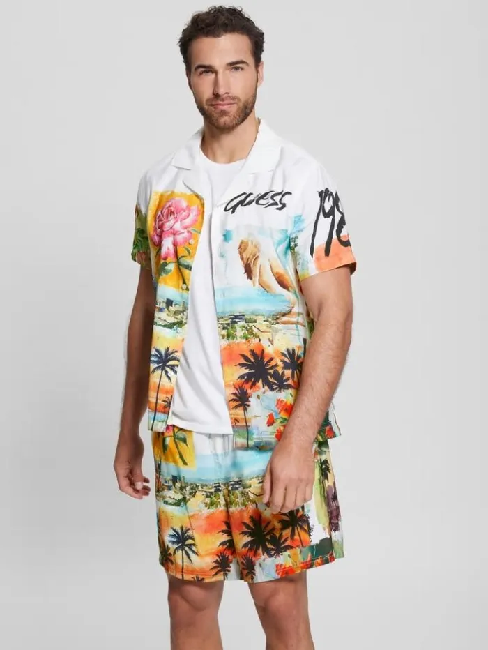 Men GUESS Shirts Watercolor Sandwashed Woven Camp Shirt Still Life