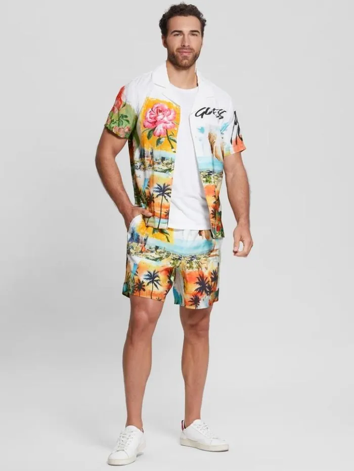 Men GUESS Shirts Watercolor Sandwashed Woven Camp Shirt Still Life