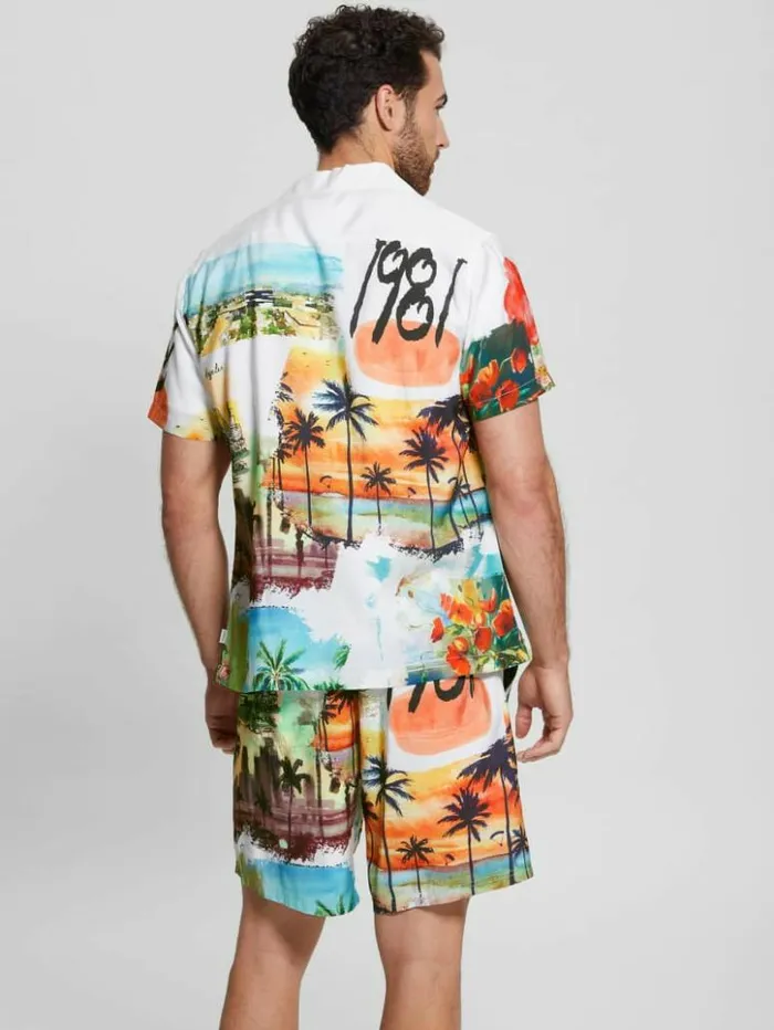 Men GUESS Shirts Watercolor Sandwashed Woven Camp Shirt Still Life