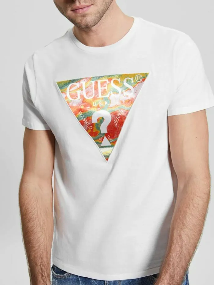 Men GUESS TShirts and Tanks Eco Abstract Triangle Logo Tee Pure White