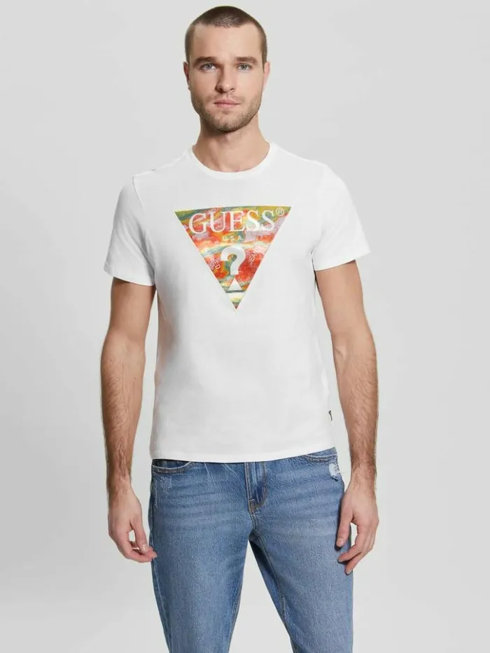 Men GUESS TShirts and Tanks Eco Abstract Triangle Logo Tee Pure White