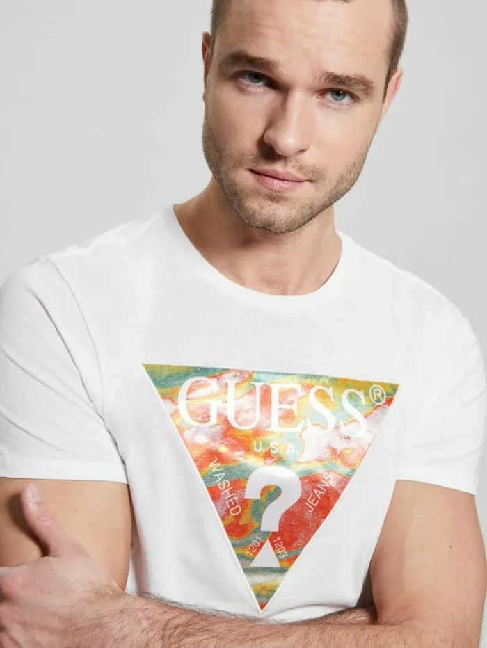 Men GUESS TShirts and Tanks Eco Abstract Triangle Logo Tee Pure White