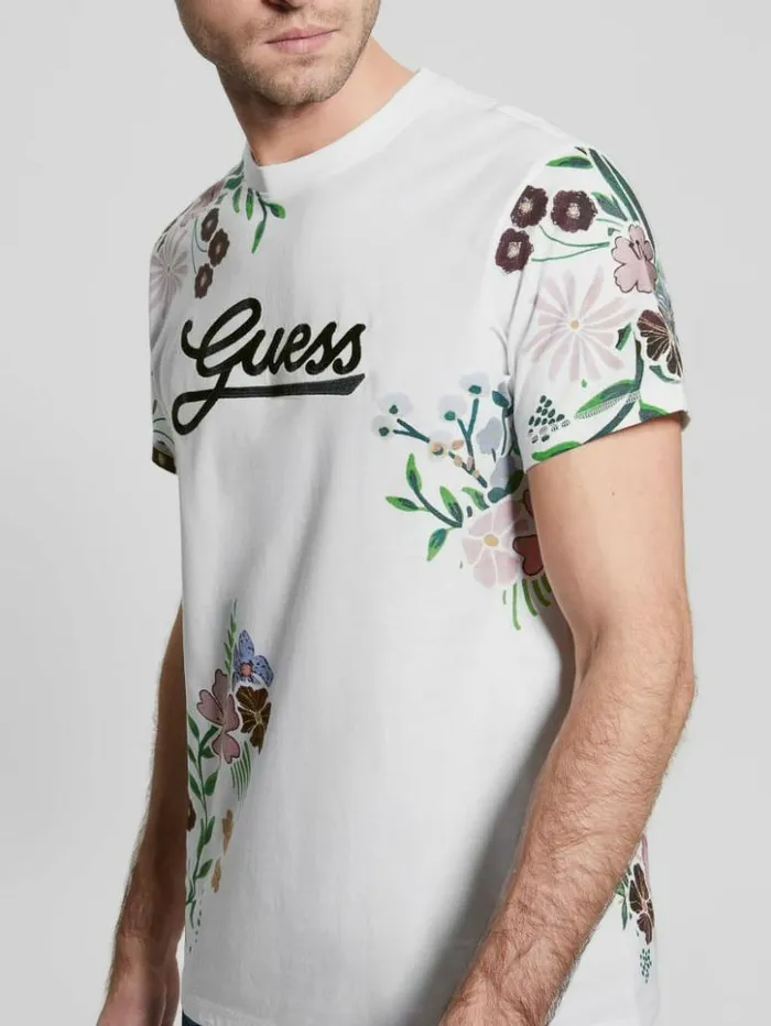Men GUESS TShirts and Tanks Eco Flower Logo Tee Pure White