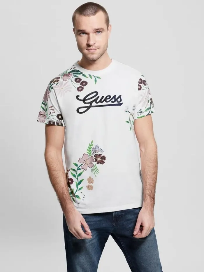 Men GUESS TShirts and Tanks Eco Flower Logo Tee Pure White