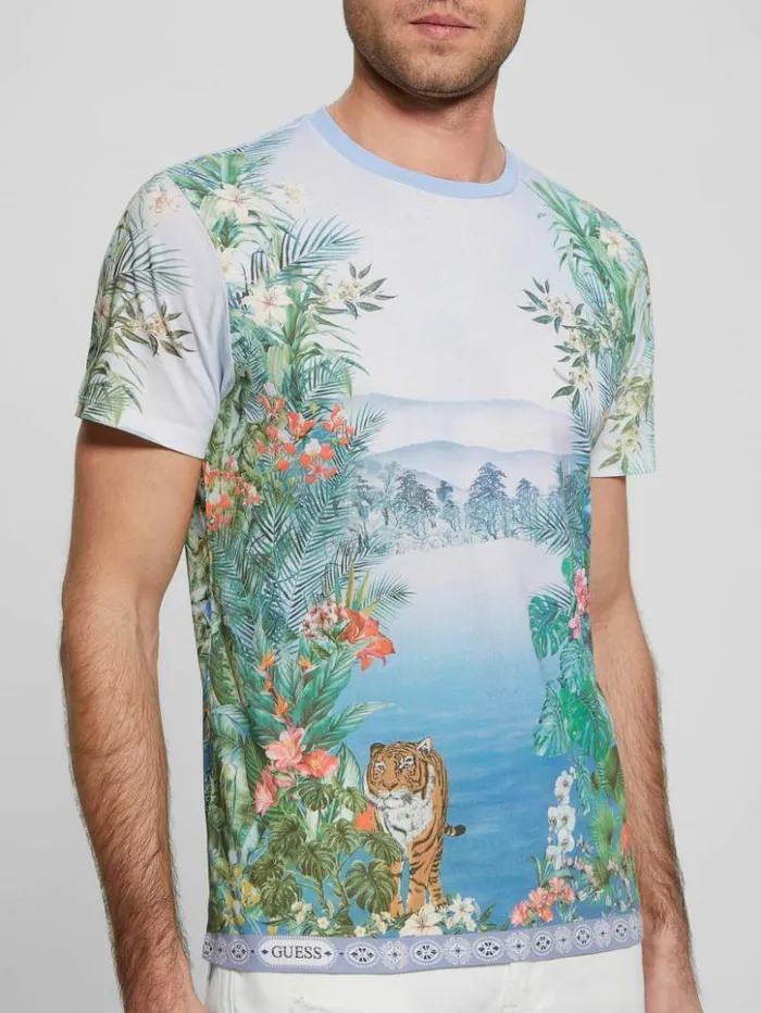 Men GUESS TShirts and Tanks Eco Paradise Tiger Tee Pure White Multi