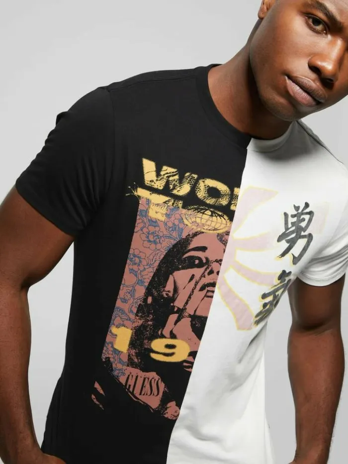 Men GUESS TShirts and Tanks Eco Split Graphic Tee Jet Black Multi