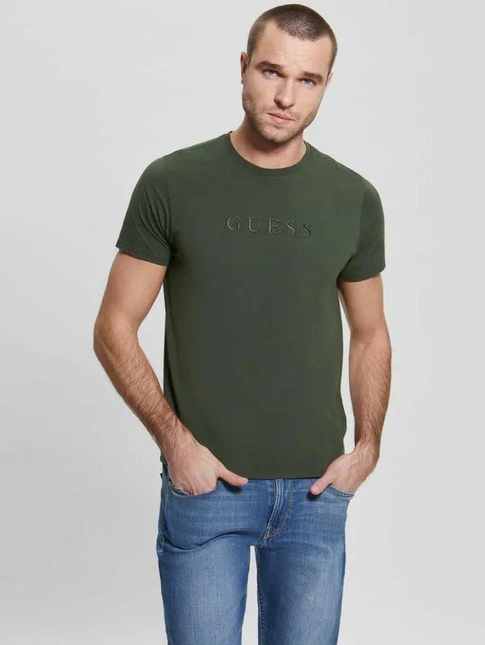 Men GUESS TShirts and Tanks Embroidered Logo Tee Jungle Greens