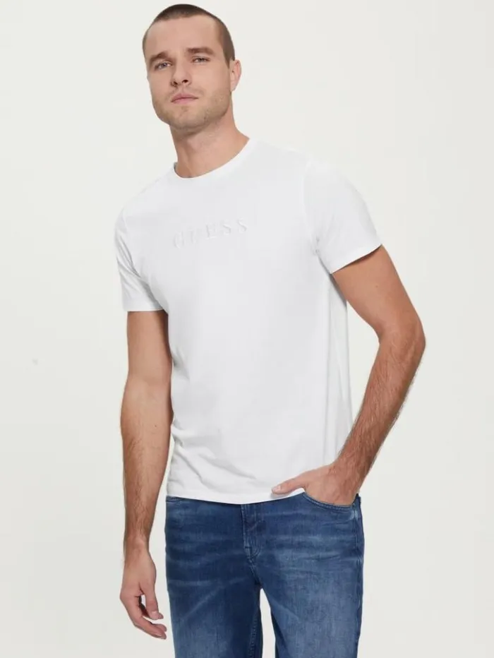 Men GUESS TShirts and Tanks Embroidered Logo Tee Pure White