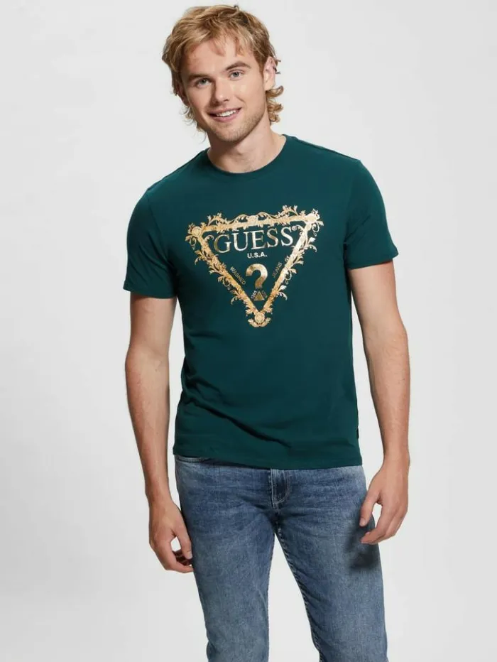 Men GUESS TShirts and Tanks Logo TriScroll Tee Dark Jade