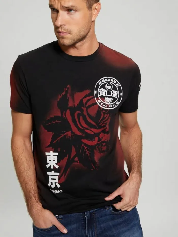 Men GUESS TShirts and Tanks Rose Noir Tee Jet Black Multi