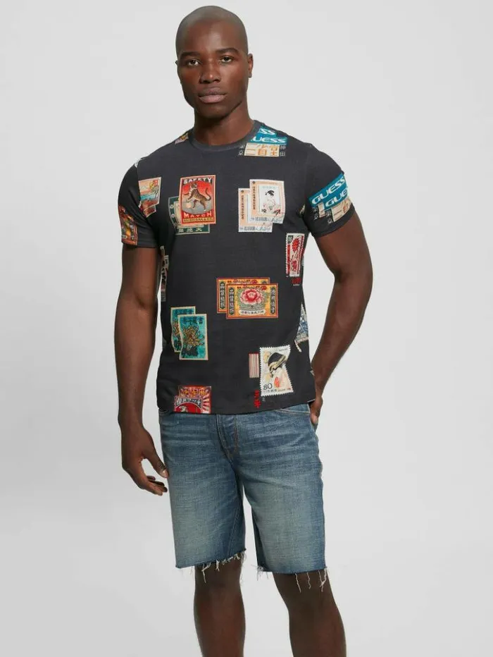 Men GUESS TShirts and Tanks Stamp Collection Tee Jet Black Multi