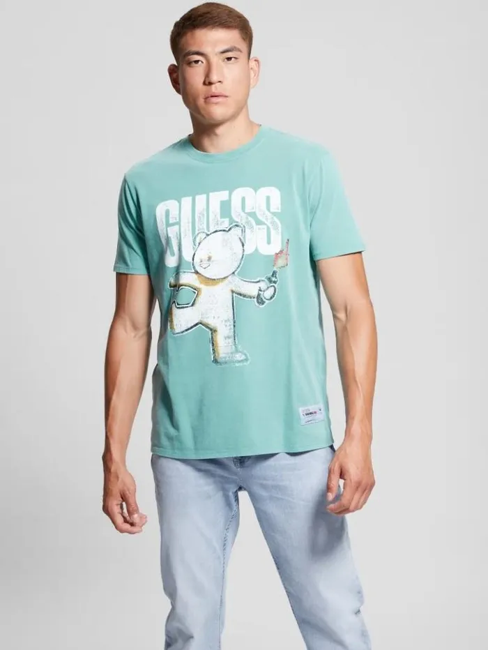 Men GUESS TShirts and Tanks Teddy Bear Graphic Tee Aqua Tile Multi