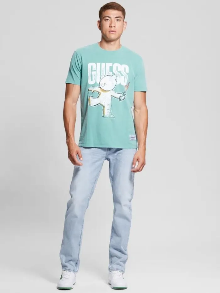 Men GUESS TShirts and Tanks Teddy Bear Graphic Tee Aqua Tile Multi