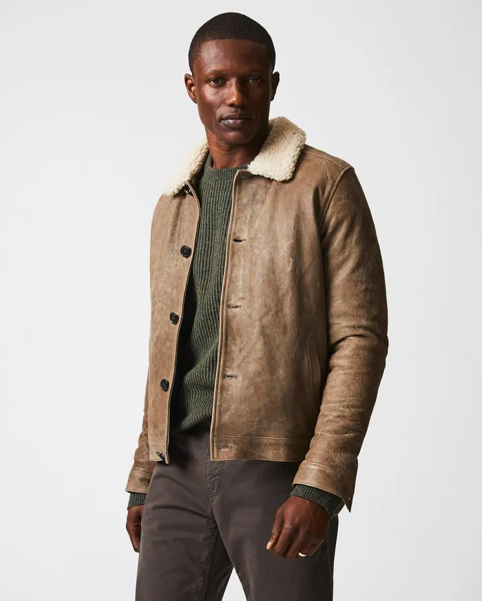 Men Jackets and Outerwear Billy Reid Bishop Leather Jacket Taupe