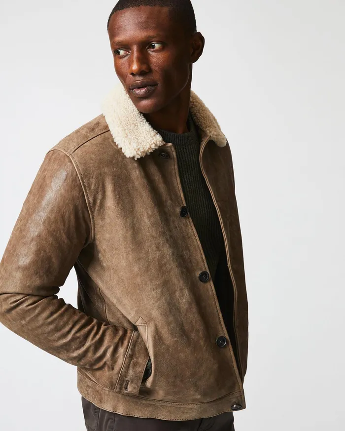 Men Jackets and Outerwear Billy Reid Bishop Leather Jacket Taupe