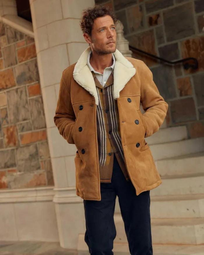 Men Jackets and Outerwear Billy Reid Shearling Bond Peacoat Honey