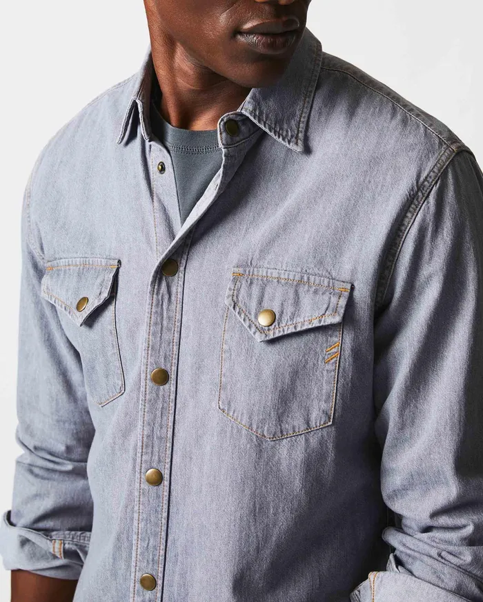 Men Shirting Billy Reid Shoals Denim Shirt Grey Wash