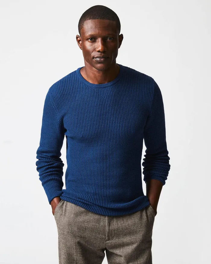 Men Sweaters and Sweatshirts Billy Reid Mini Waffle Crew Denim Blue