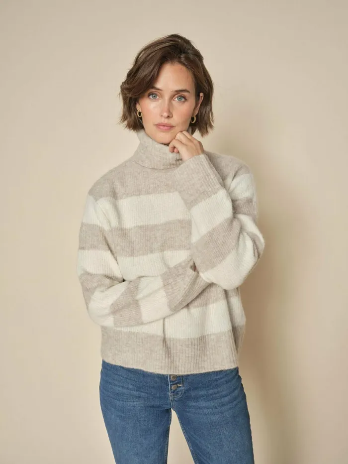 MOS MOSH MMAidy Thora Stripe Rollneck Knit Feather Gray Women Knits