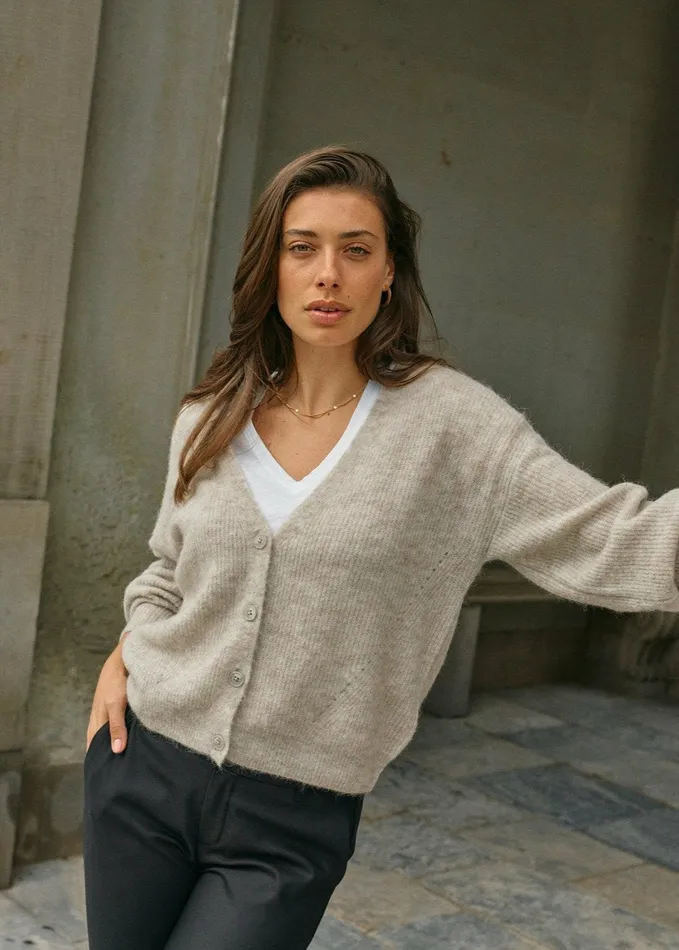 MOS MOSH MMThora VNeck Knit Cardigan Feather Gray Women Knits MOS MOSH MMThora VNeck Knit Cardigan Feather Gray Women Knits