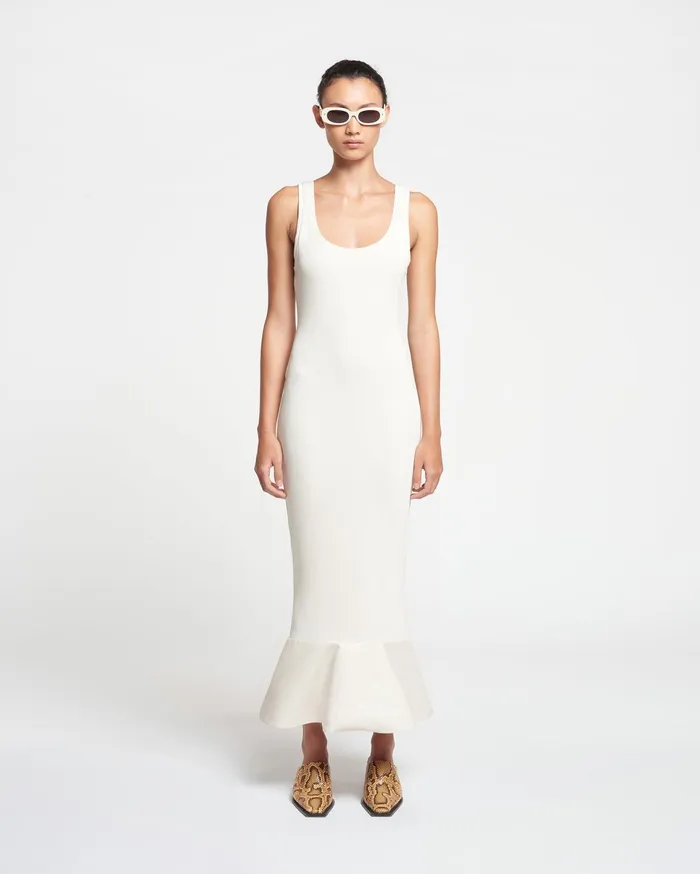 Nanushka Dresses Women Talulla LeatherTrimmed RibbedJersey Midi Dress Creme