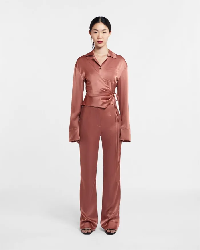 Nanushka Shirts and Blouses Women Merano Sale Slip Satin Wrap Shirt Brown Terra