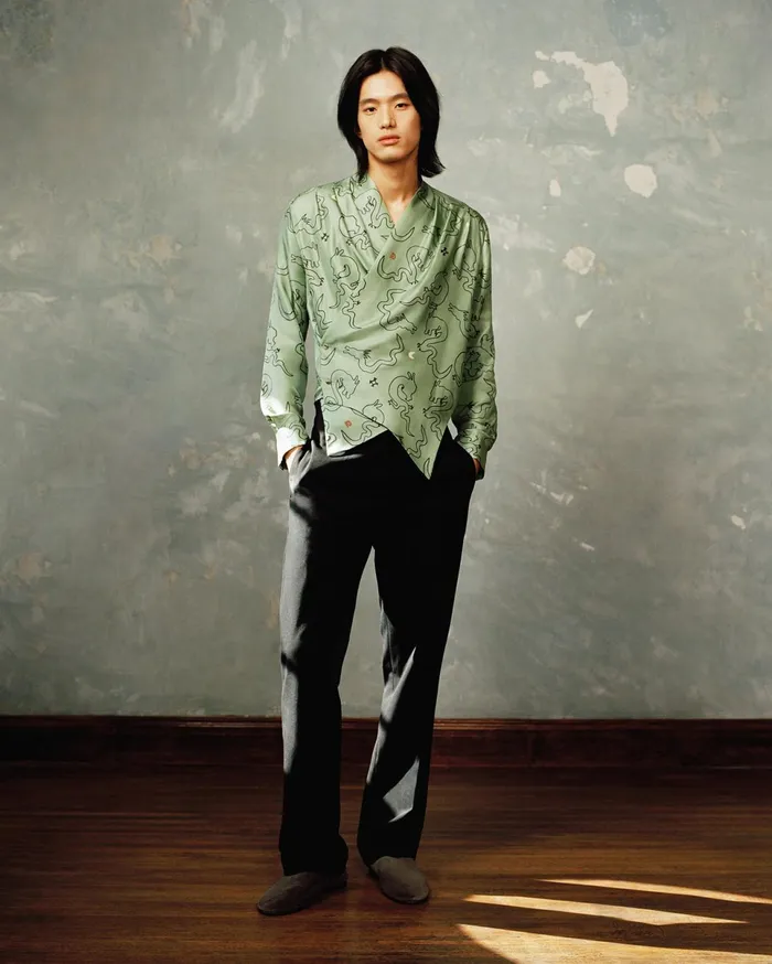 Nanushka Tailoring Men Tebbe Draped Twill Silk Shirt GreenAquarelle Dragon Print