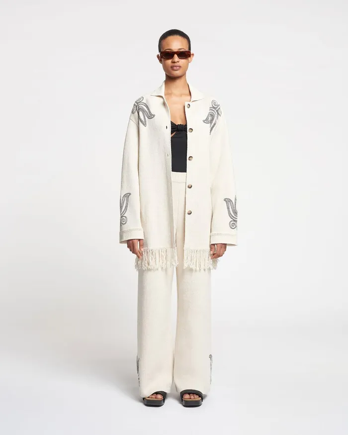 Nanushka Tops Women Dillian Embroidered TexturedLinen Cardigan NaturalBlack
