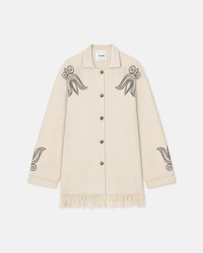 Nanushka Tops Women Dillian Embroidered TexturedLinen Cardigan NaturalBlack