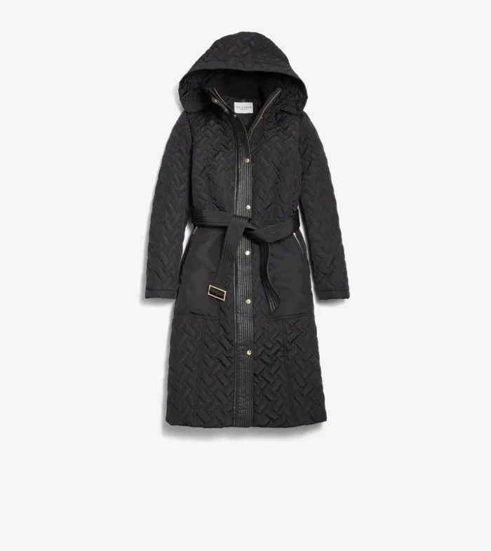 Outerwear Women Cole Haan Hooded Long Belted Coat Black